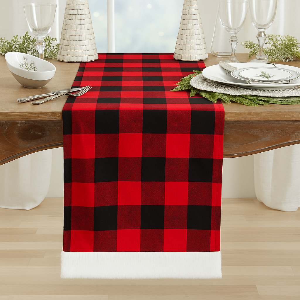 Buffalo Plaid Faux Fur Border 16x72 Inch Table Runner