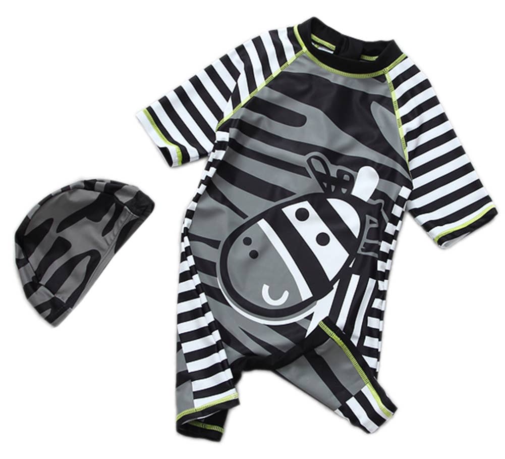 Black-White Zebra One-Piece Boy Swimwear & Hat