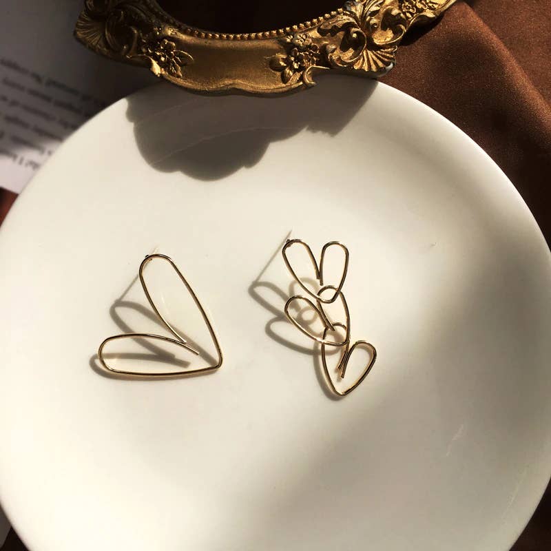 Gold Asymmetrical Open Heart Stud Earrings