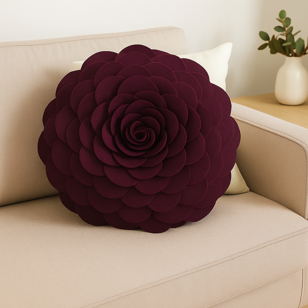 Wine 3D Rose Flower Petal Decorative Throw Pillow
