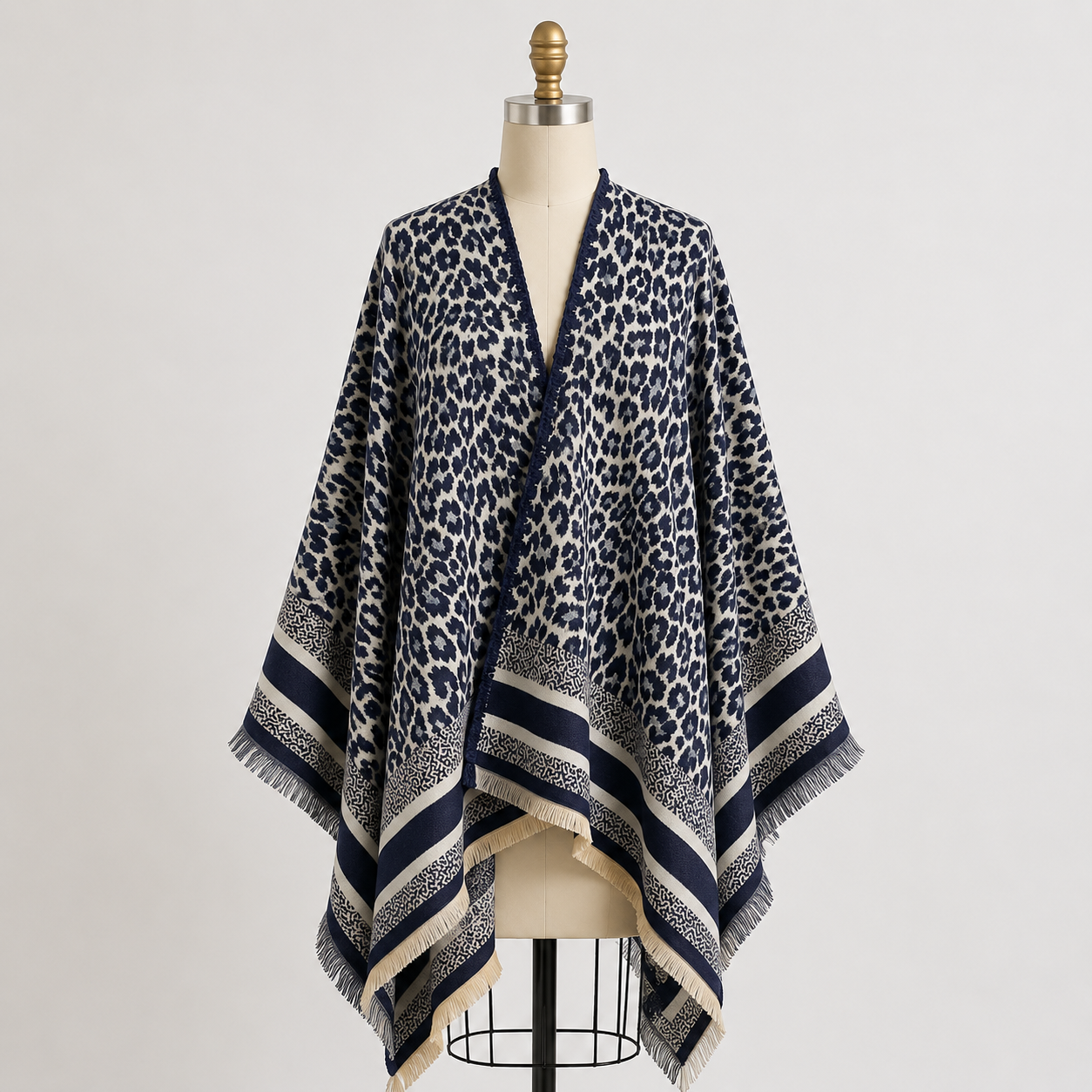 Navy Blue Leopard Cashmere-Feel Shawl Wrap Poncho