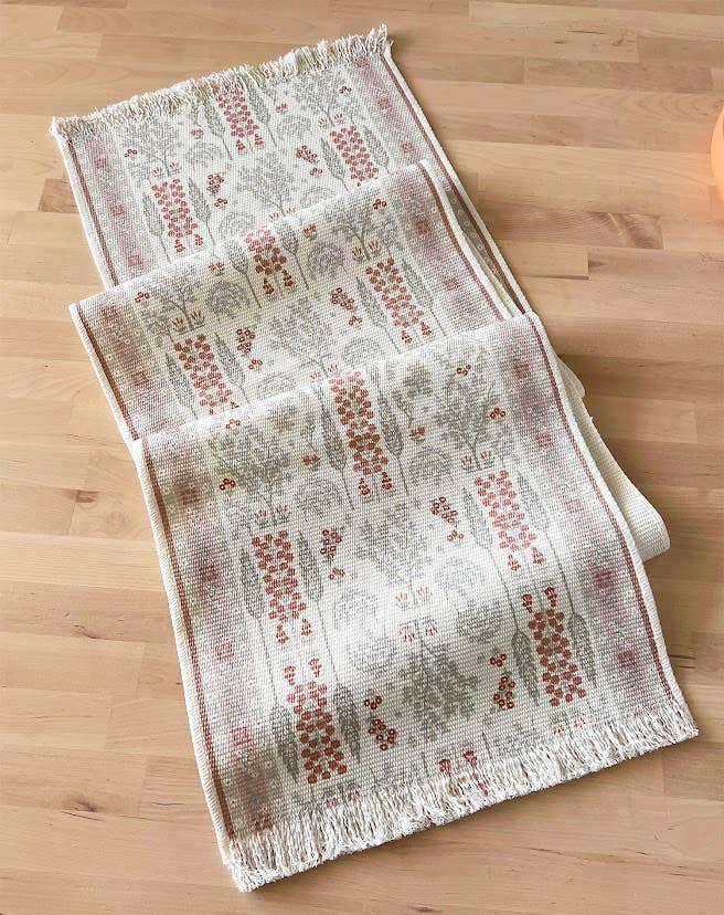 Coral Botanical Flower Fringed Cotton Blend Table Runner