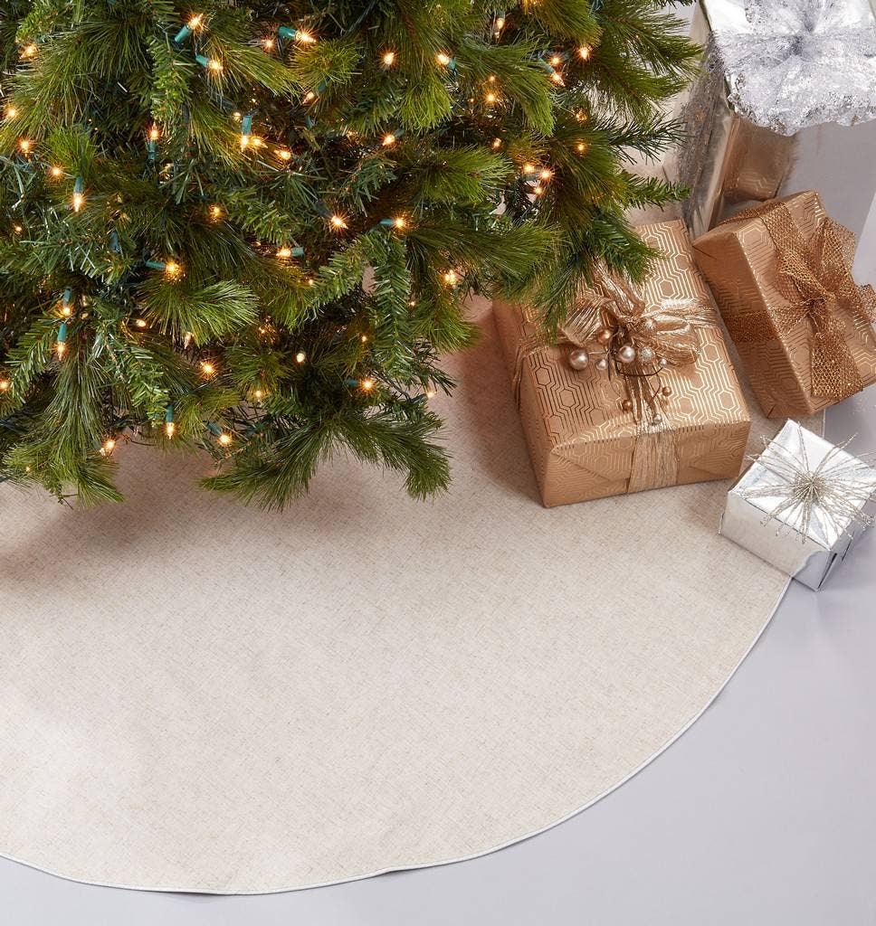 Natural Linen Blend Christmas Tree Skirt with Silver Piping