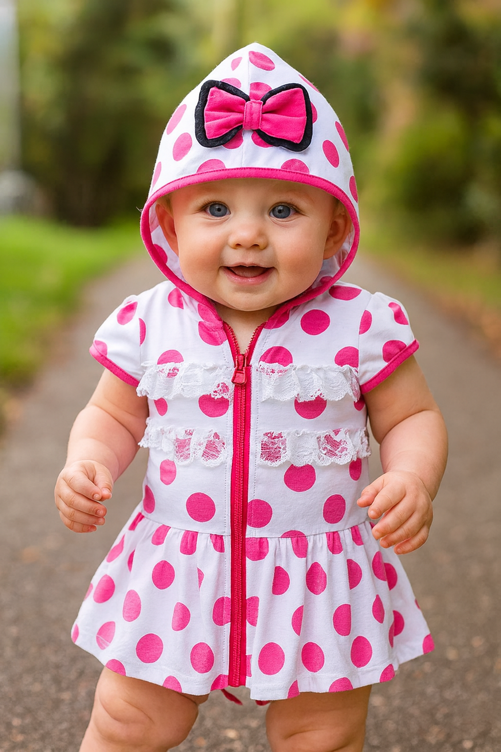 Pink & White Polka Dot Zip-up Baby Hoodie