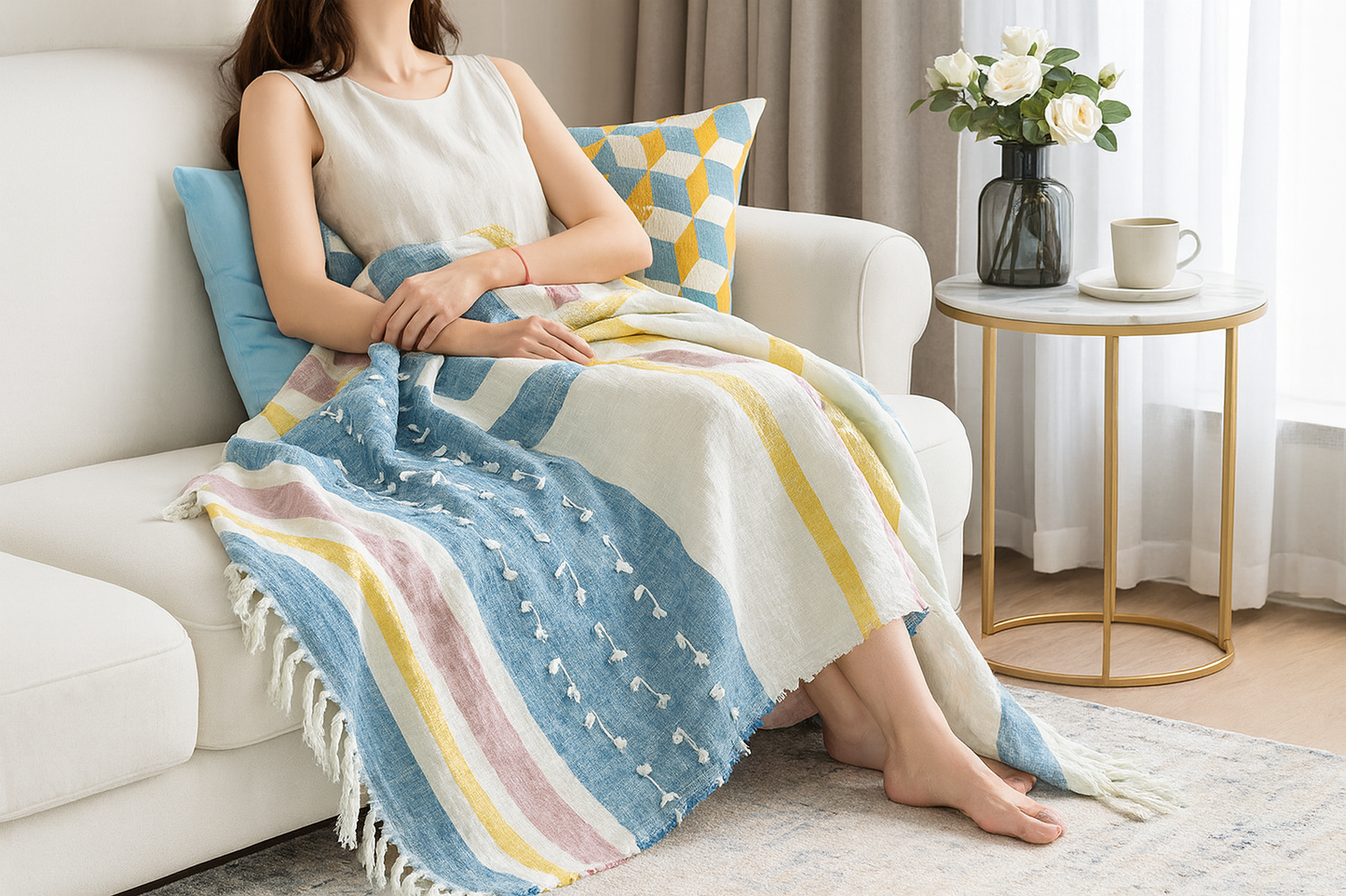 Colorblock Striped Cotton Throw Blanket with Fringe, 52"X67"