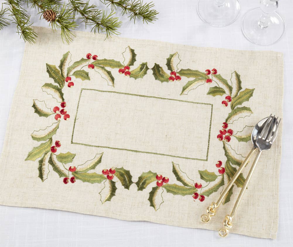 Embroidered Holly Design Linen 14x20 Placemat