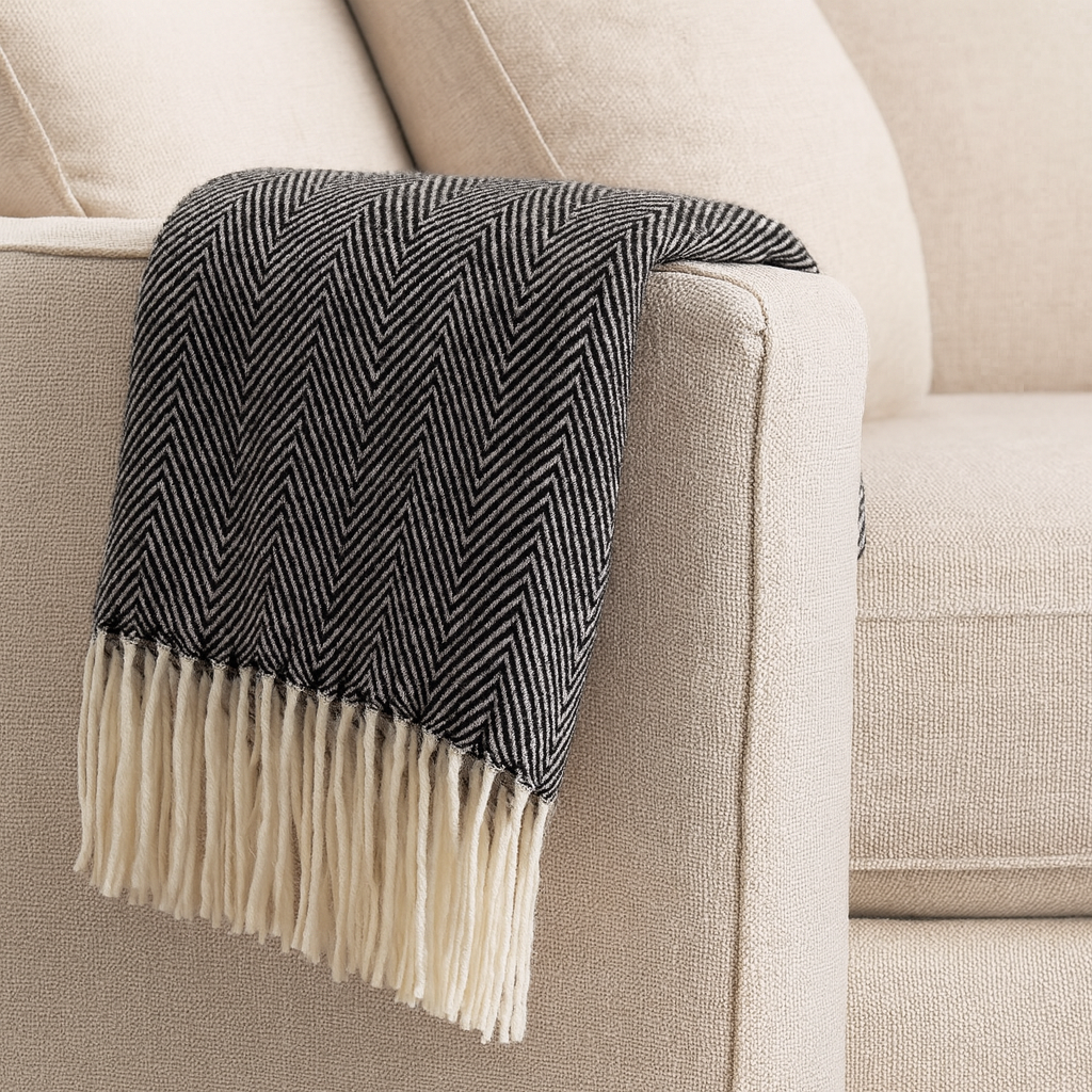 Black Herringbone Fringed 50x60 Inch Throw Blanket