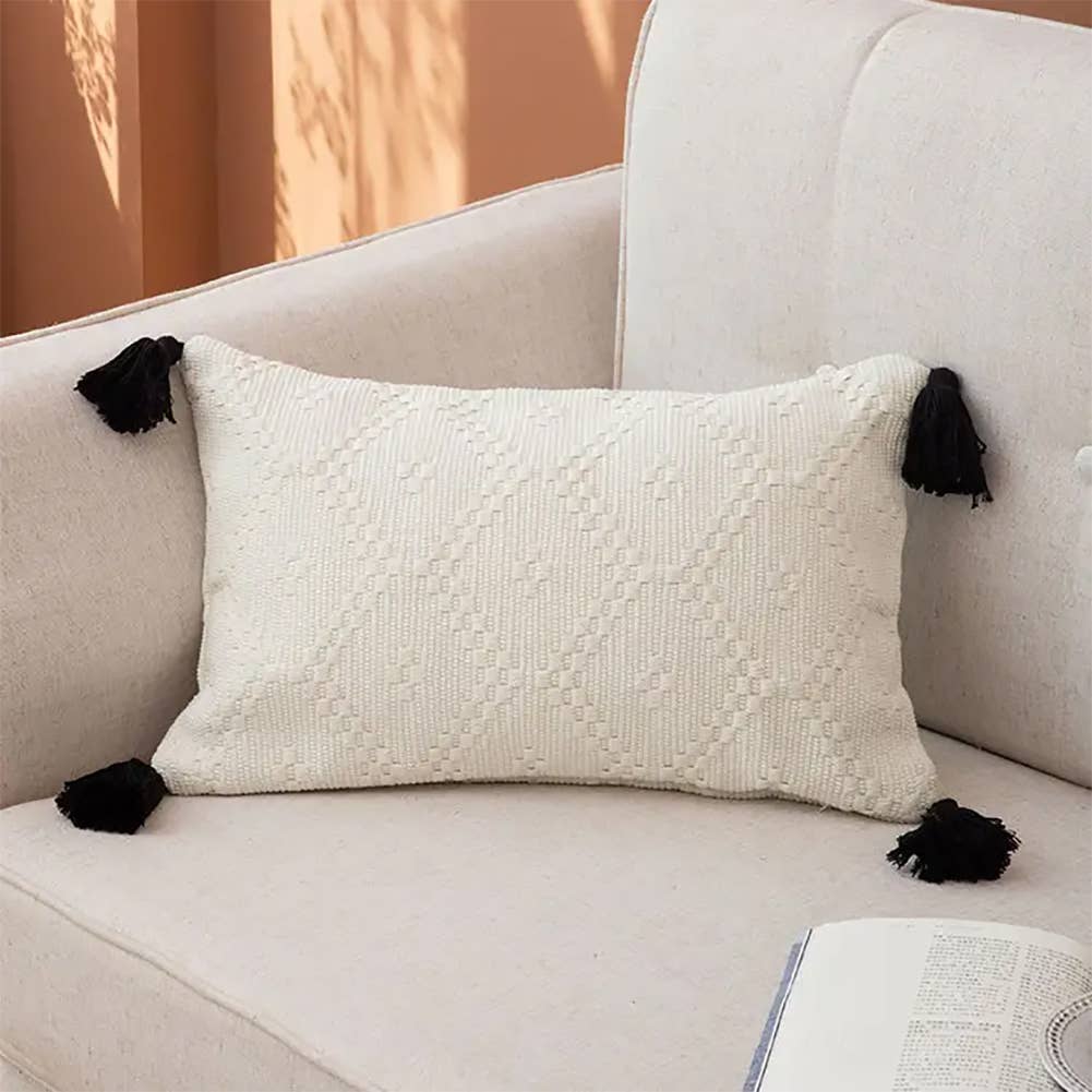 Ivory Boho Tribal Textured Lumbar Throw Pillow with Tassels