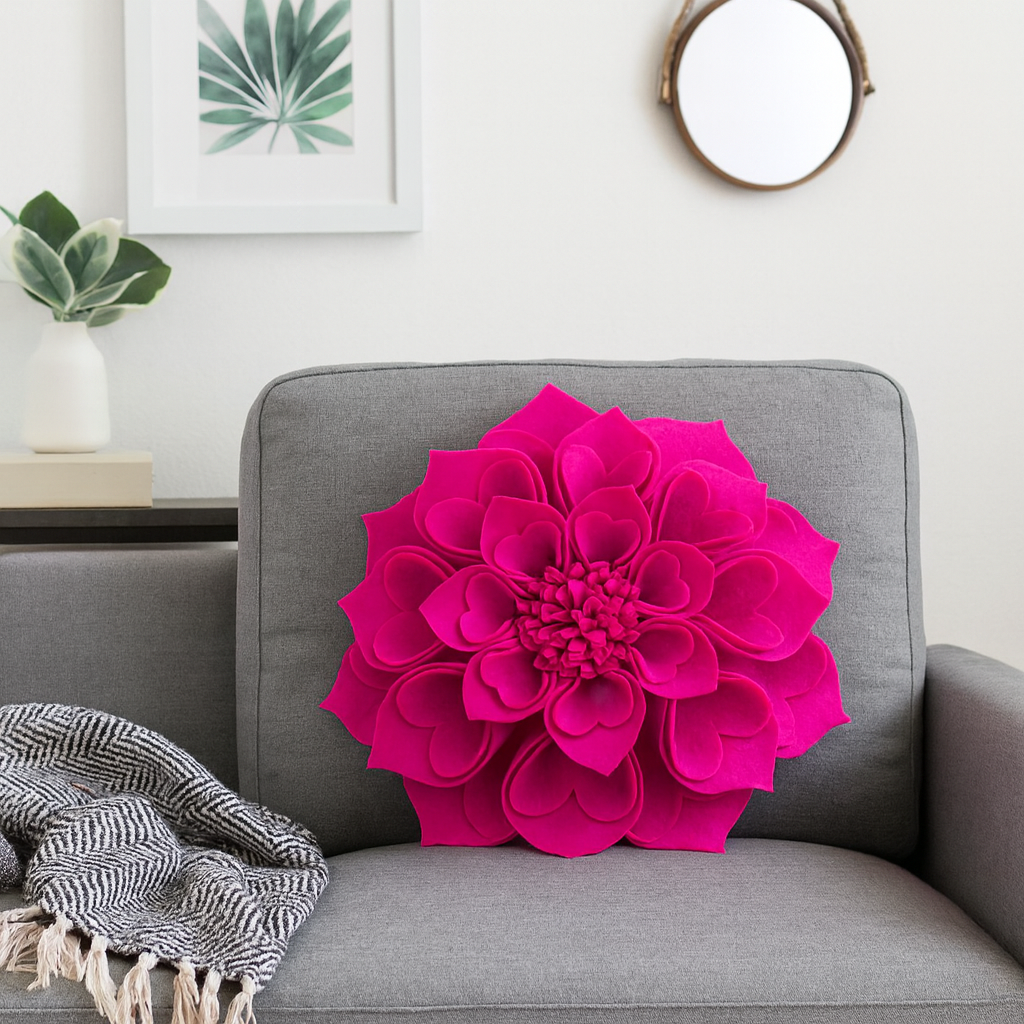 Magenta 3D Heart-Shaped Petal Flower Throw Pillow