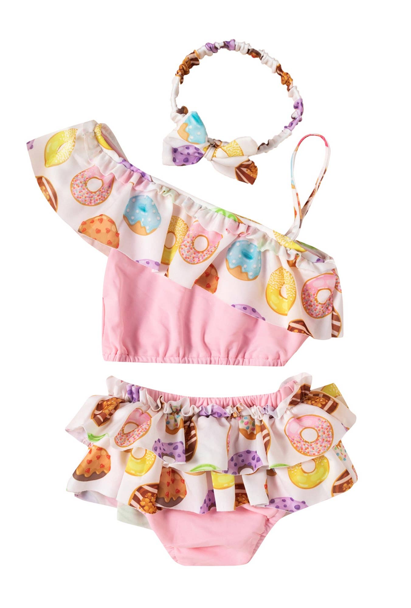 Donut Print Pink Flounce 3pcs Baby Girl Swimsuit