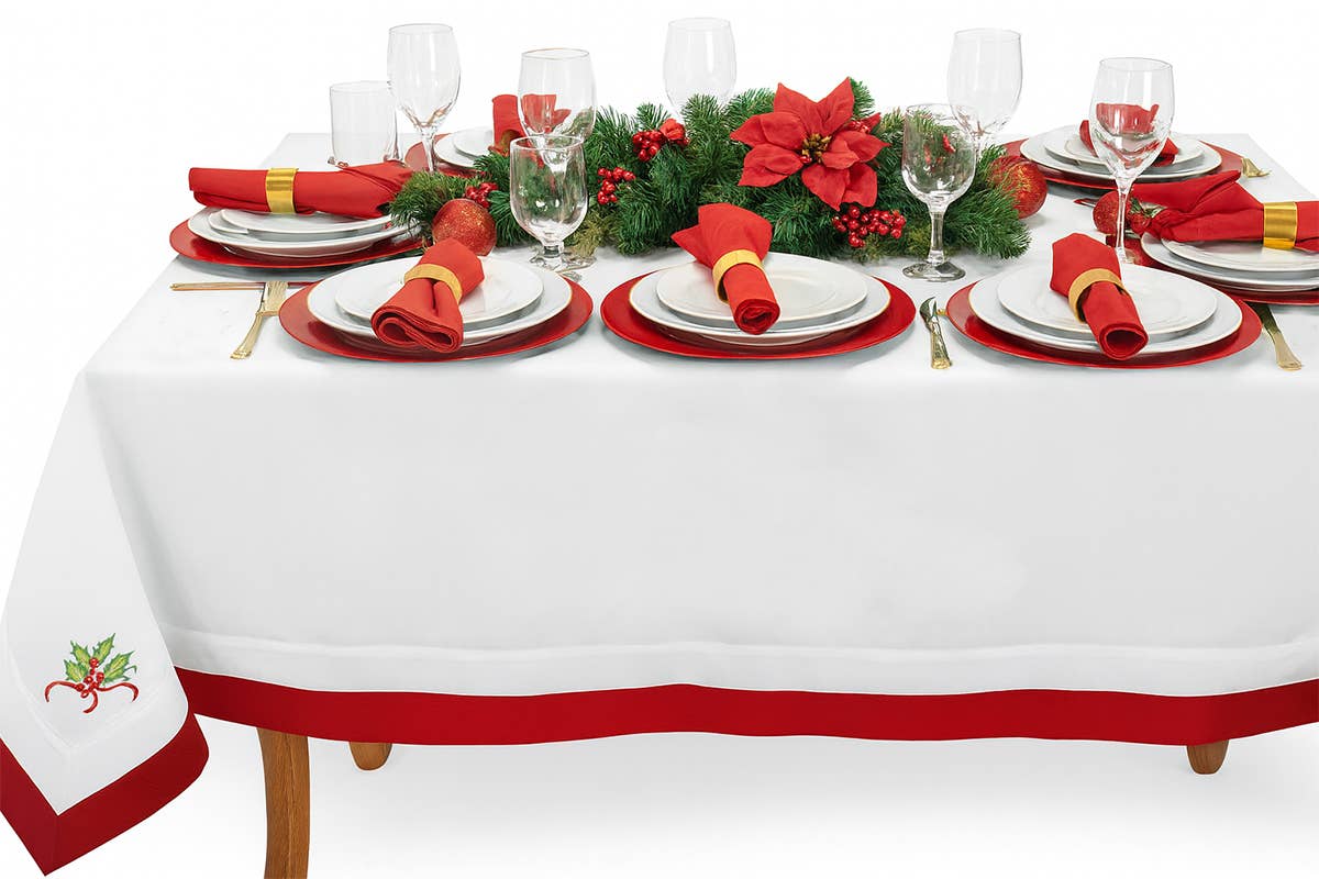 Red & White Embroidered Linen-Poly Holly Tree Tablecloth