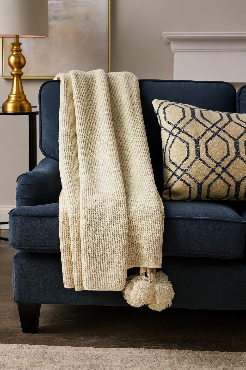 Natural Chunky Knit Pom Pom Throw Blanket - 50"x60"