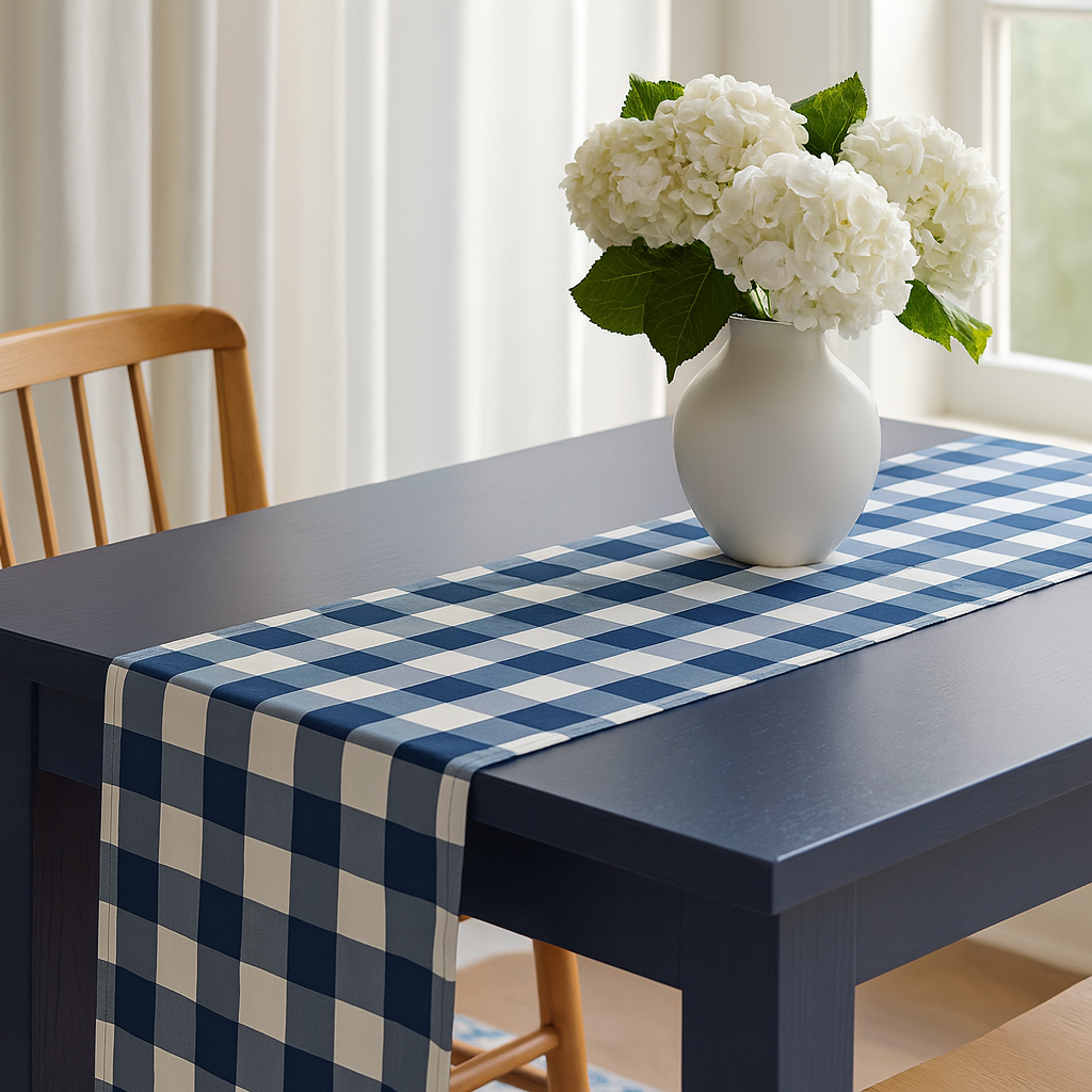 Navy-White Handmade Buffalo Check Table Runner