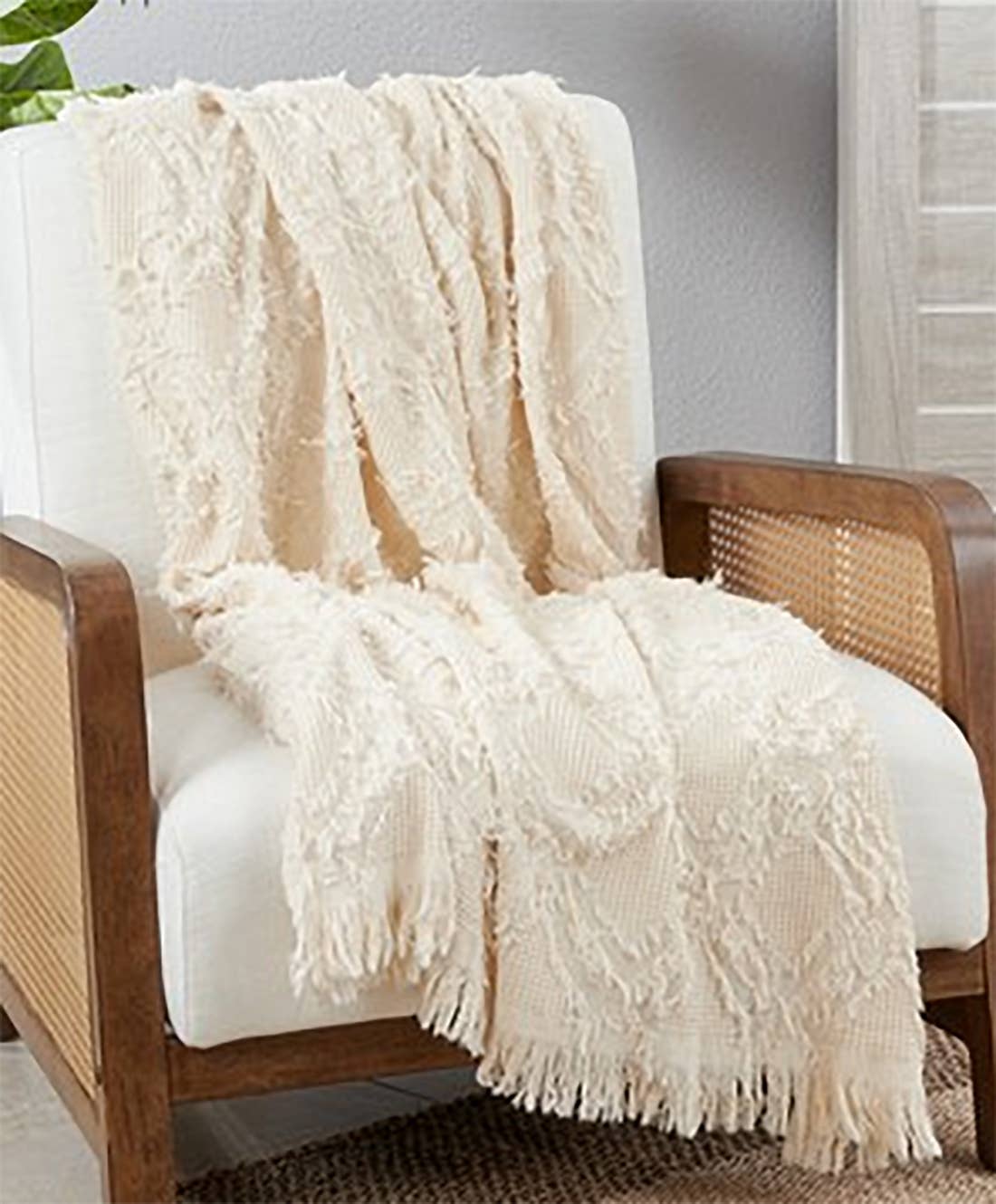Ivory Fringe Waffle Weave Cotton Throw Blanket