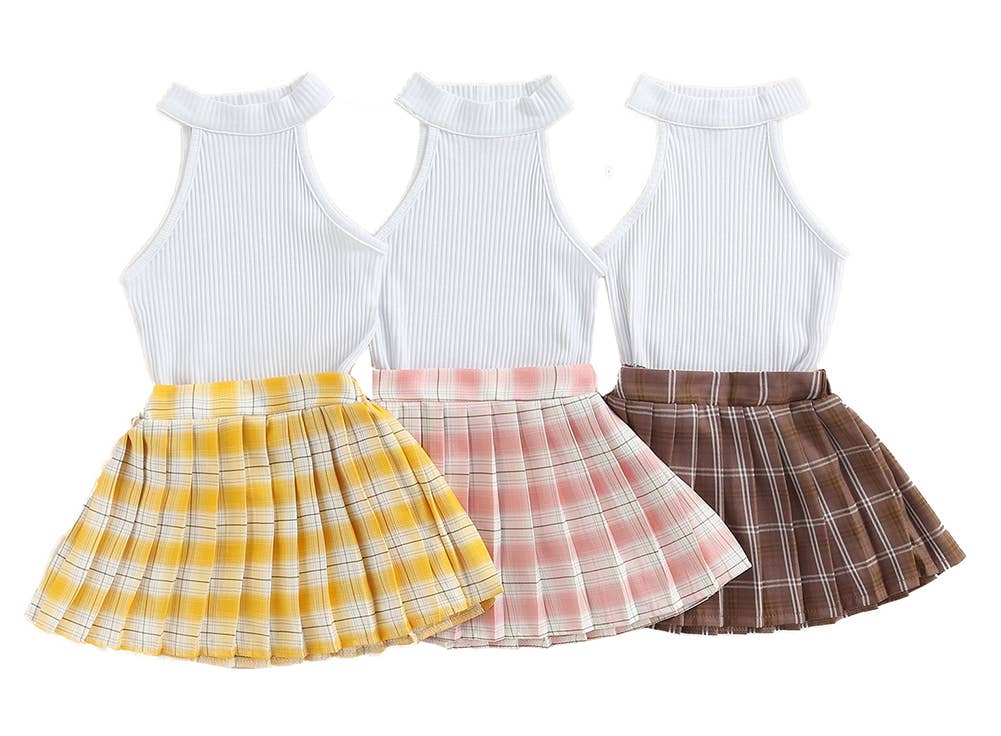 Ribbed Tank Top & Plaid Mini Pleated Skirt Girl Outfit