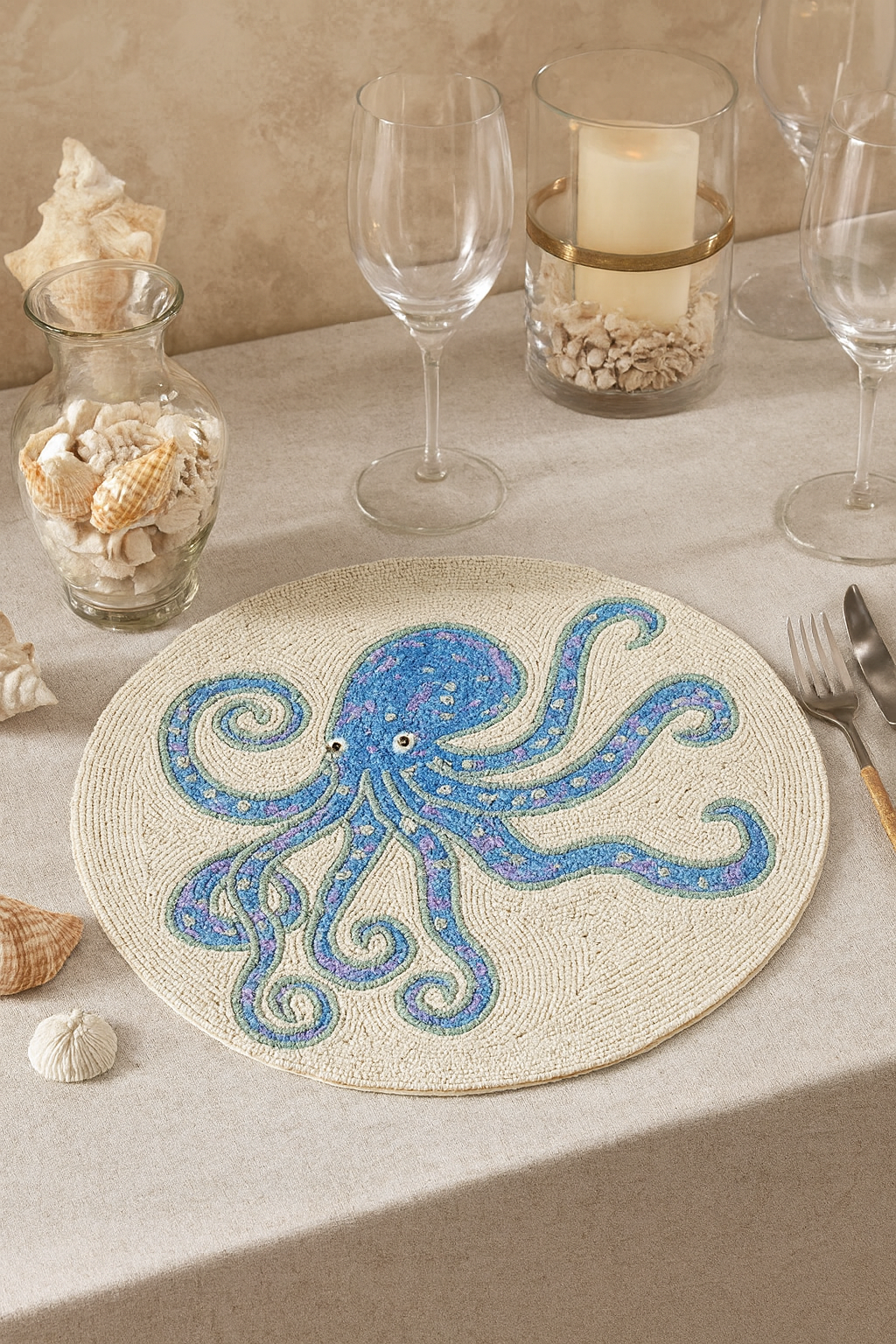 9084 - Aqua Sequined Octopus Beaded 15" Round Placemat