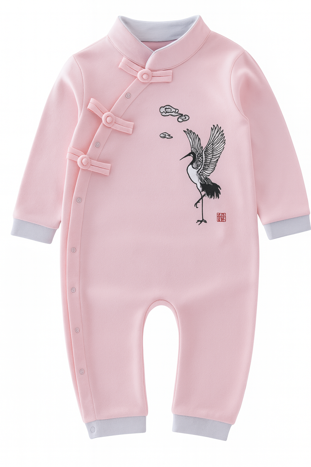 Pink Embroidered Crane Chinese-Style Traditional Baby Romper