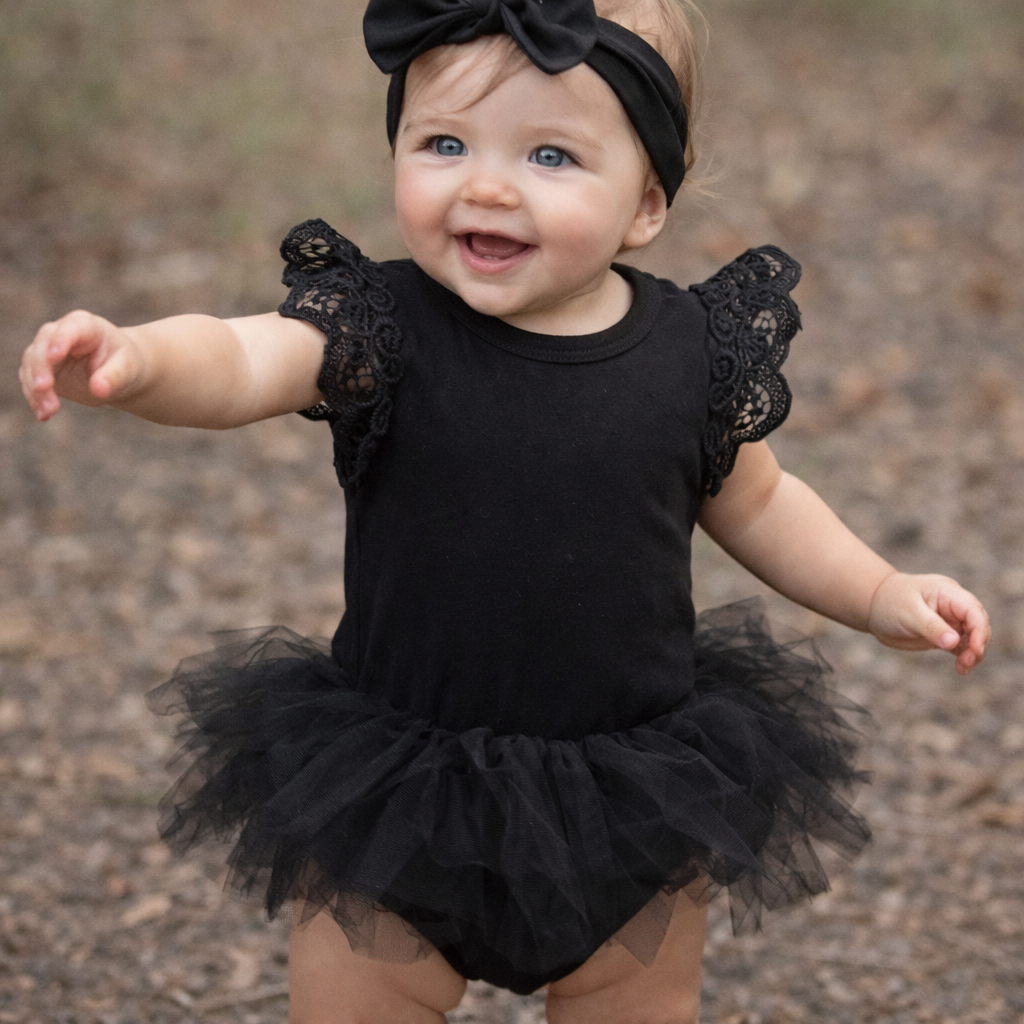Black Ruffle Short Sleeve Cotton Tutu Skirt Romper