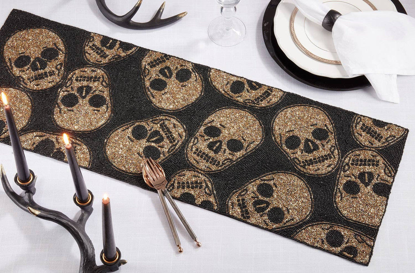 2075 - Dark Gold Hand-Beaded Skulls 13x36 Black Table Runner