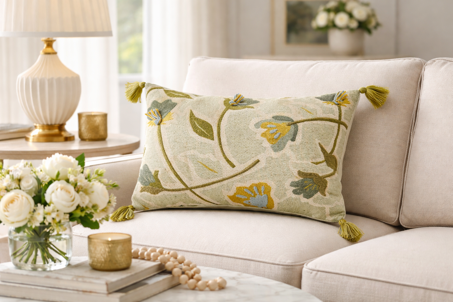 7102 - Green Embroidered Floral Cotton 16"x24" Throw Pillow