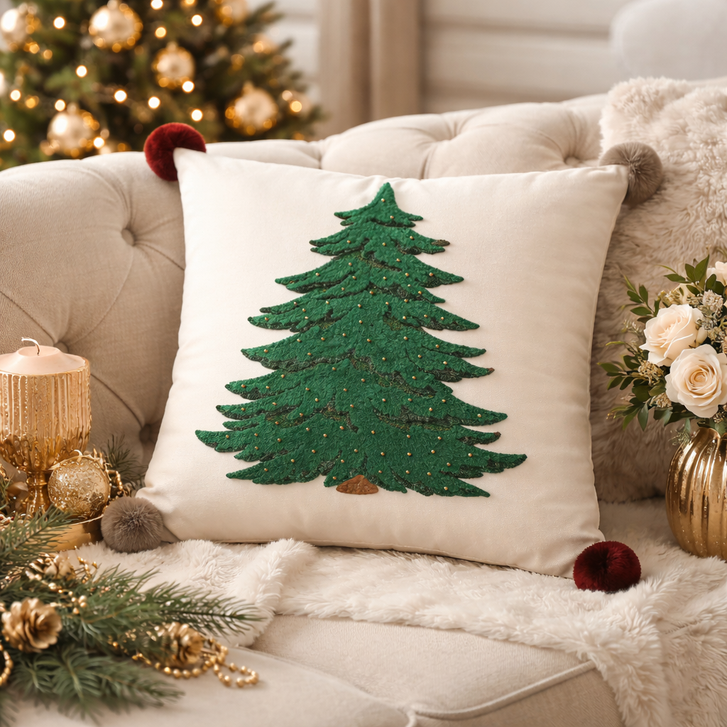 White Embroidered Christmas Tree Pom Pom 18" Throw Pillow