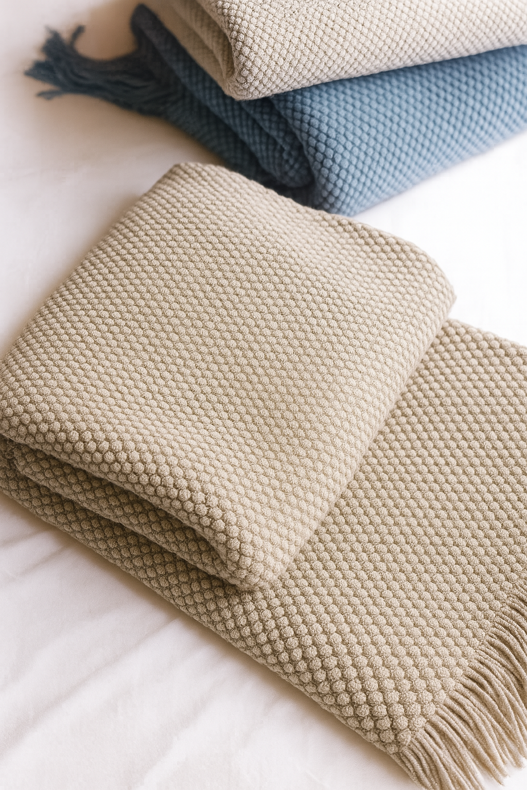 TH0031 - Khaki Textured Knit Throw Blanket with Fringe – 50" x 60"