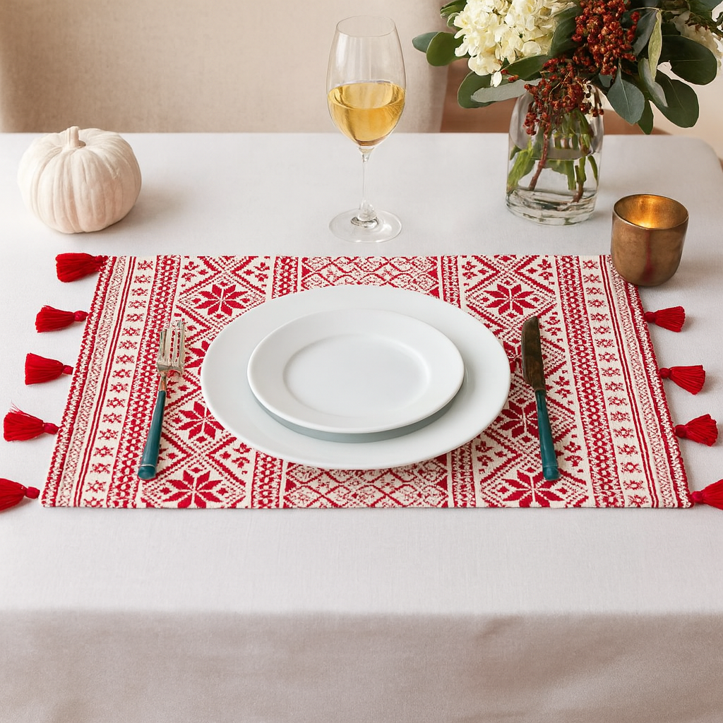 803 - Red White Christmas Tassel Accent Cotton 14x20 Placemat
