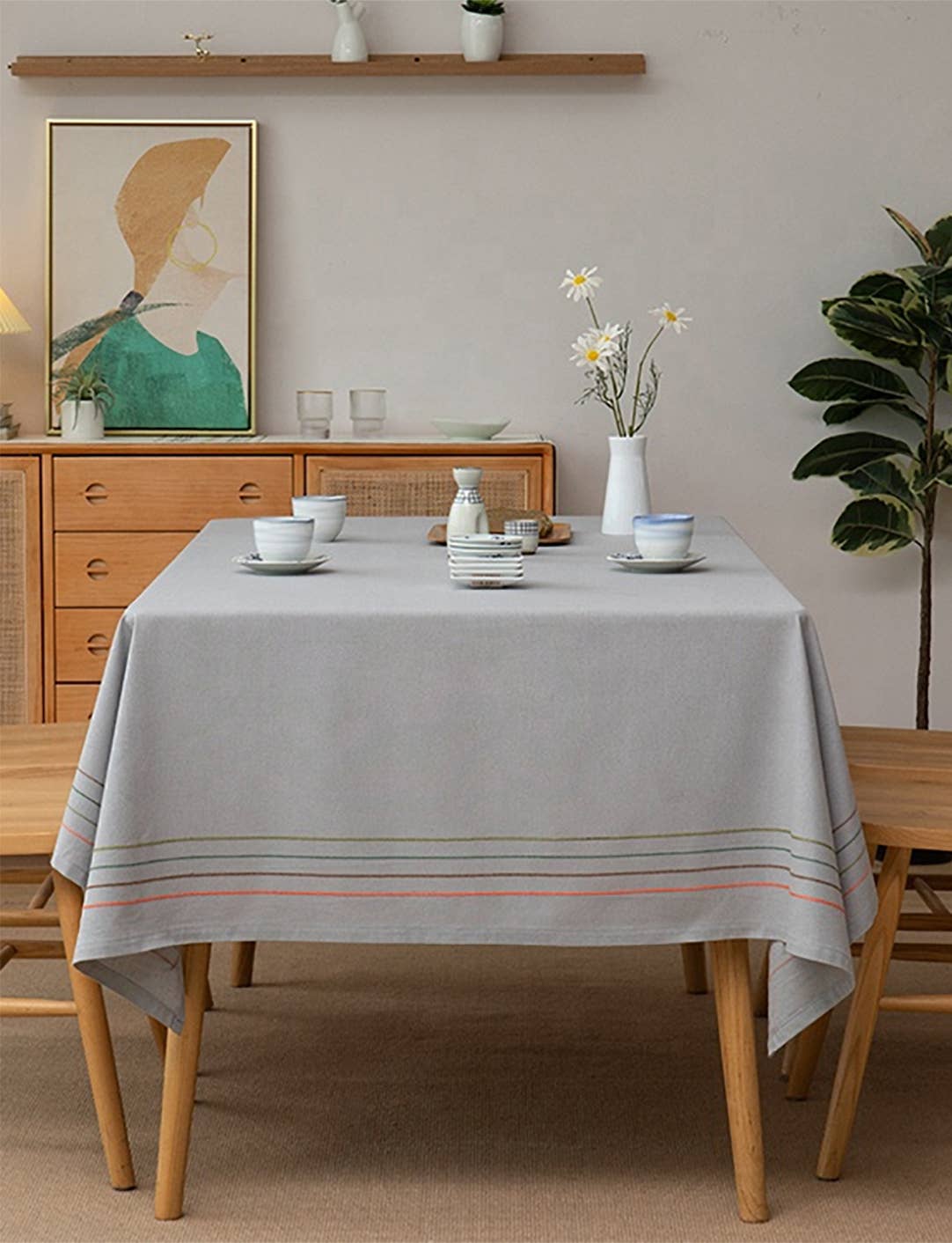Colorful Stripe Grey Cotton Woven Tablecloth