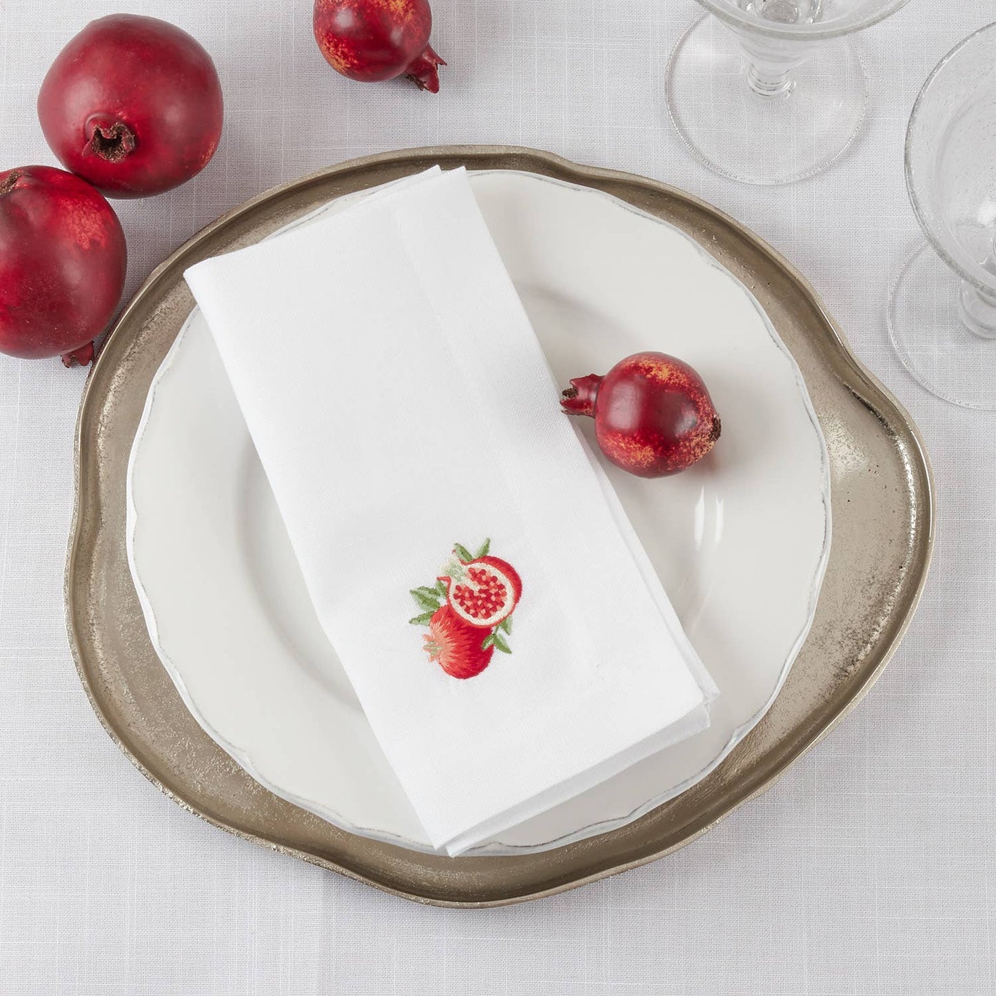 Embroidered Pomegranate 20" White Dinner Napkin