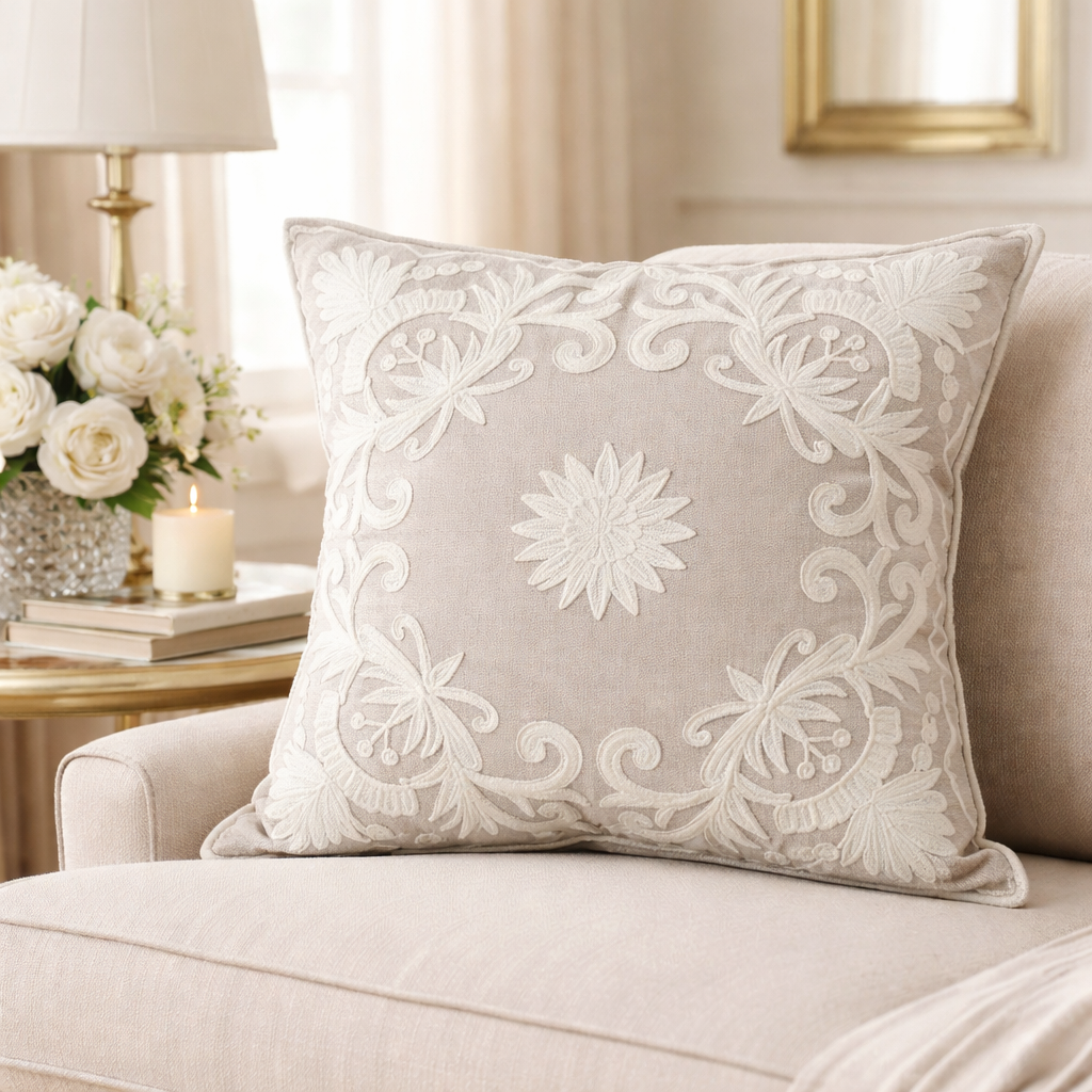 Ivory Embroidered Floral Cotton Filled 18" Throw Pillow