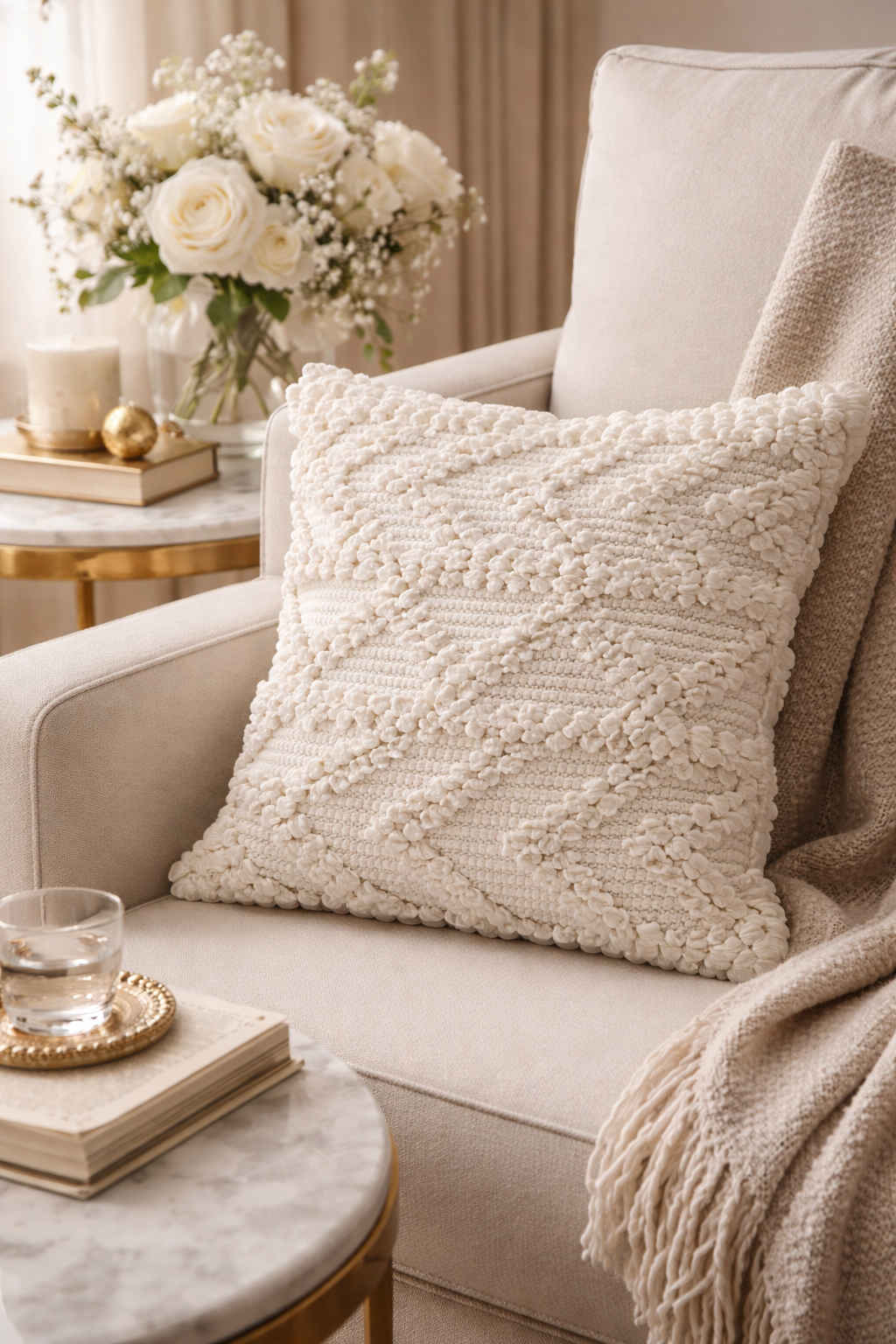White Hand-Woven Coastal-Bohemian 18" Throw Pillow