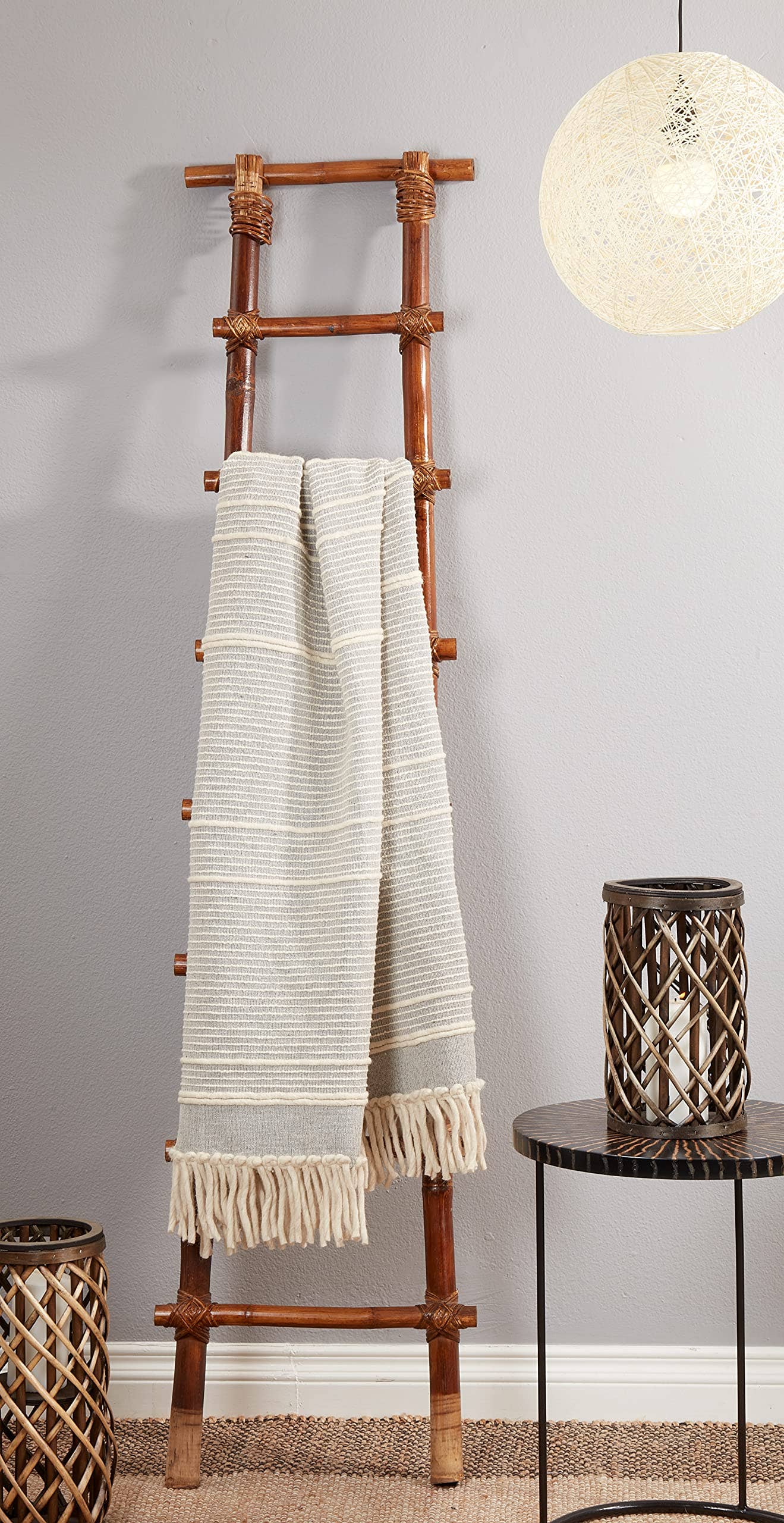 Grey Stripe Chucky Fringe Cotton-Wool Throw Blanket