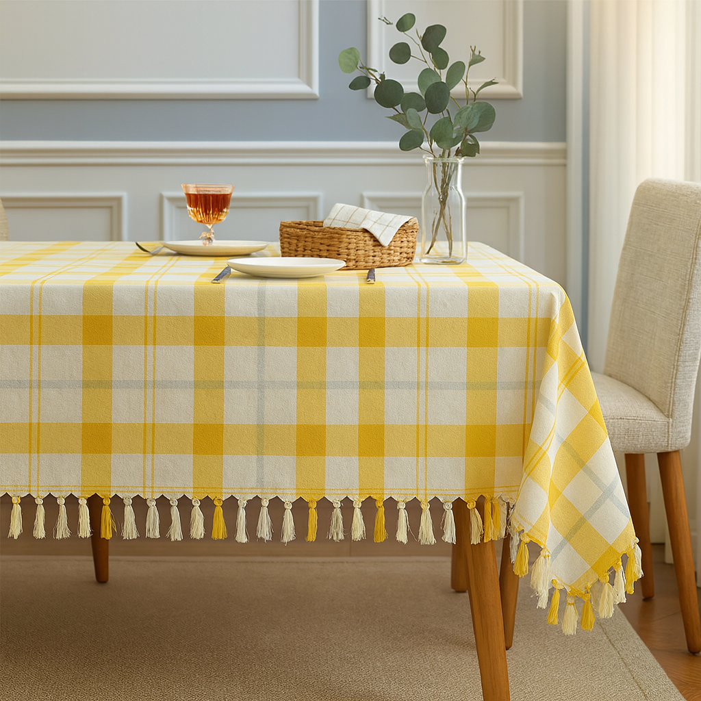 Yellow & White Plaid Cotton Blend Tablecloth with Tassels