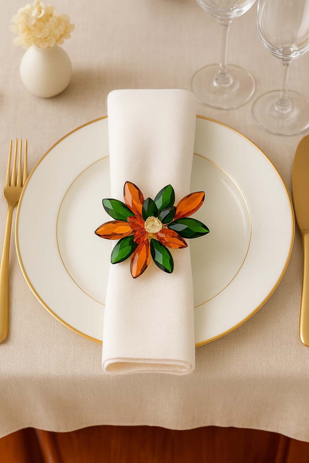 Orange-Green Crystal Flower Design Napkin Ring