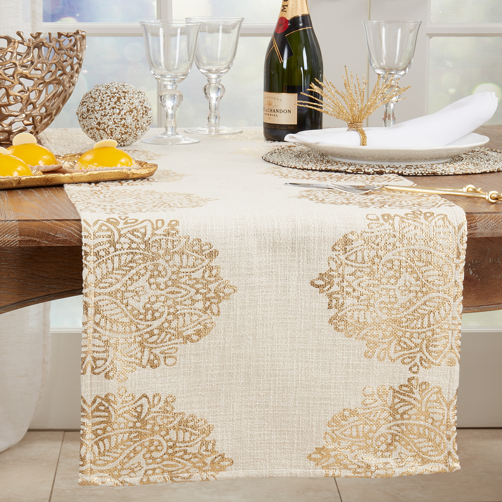 5200 - Gold Foil Print Cotton Medallion Table Runner