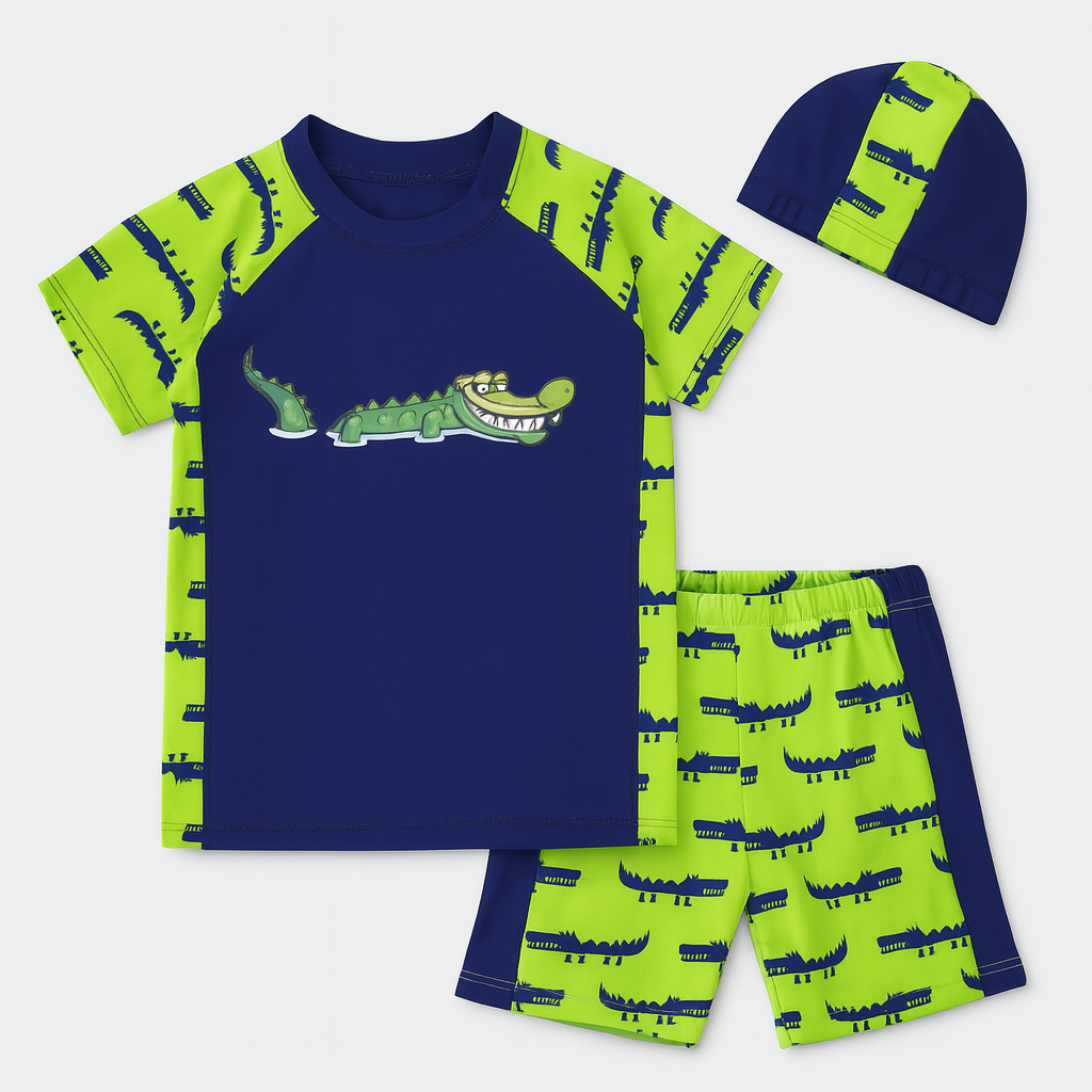 Navy-Green Crocodile 3-Piece Boy Swimwear Set