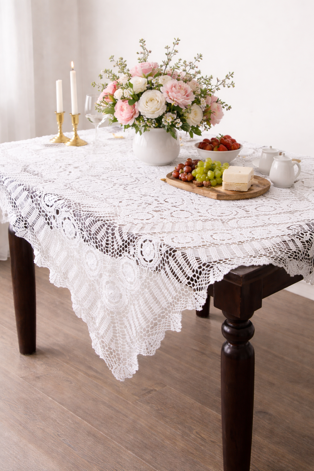 White Hand Crocheted Cotton Lace 30" Square Tablecloth