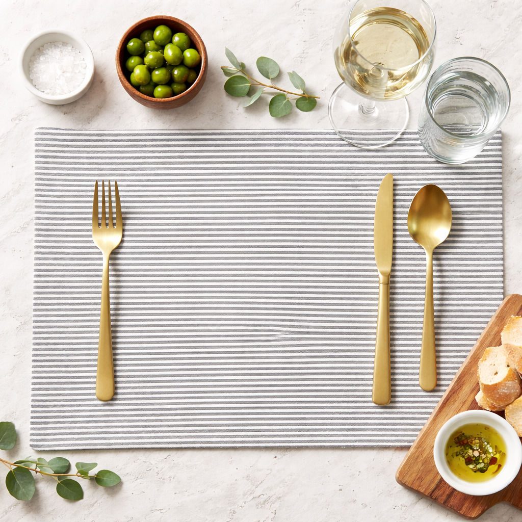 Grey Ticking Stripe Double Layered Cotton 13"X19" Placemat