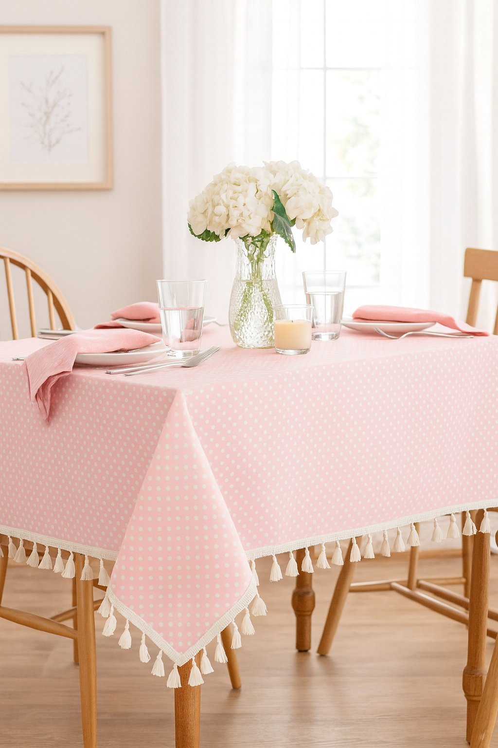 White Polka Dots Tasseled Pink Cotton Blend Tablecloth