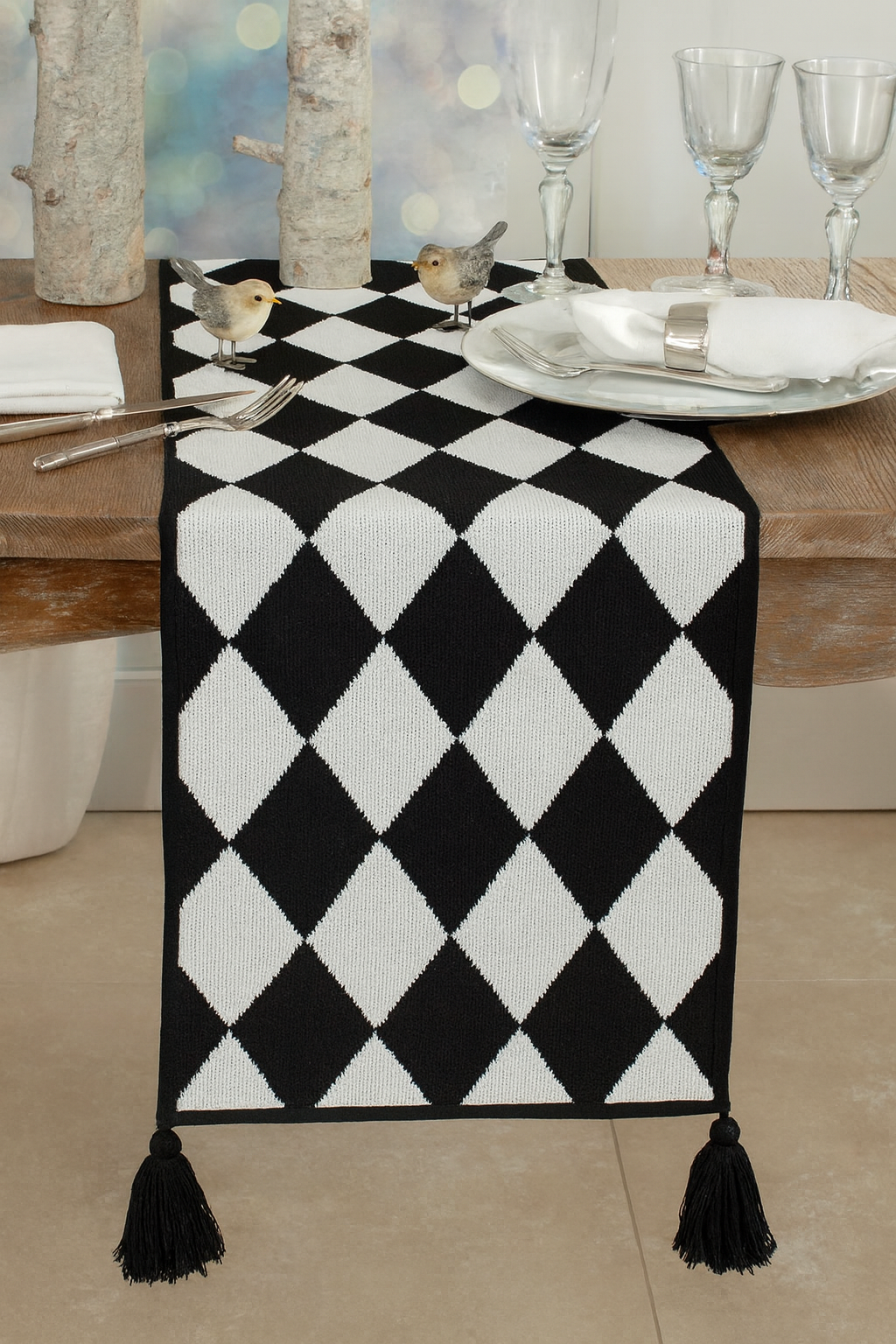 Black & White Diamond Checker 14"x71" Table Runner