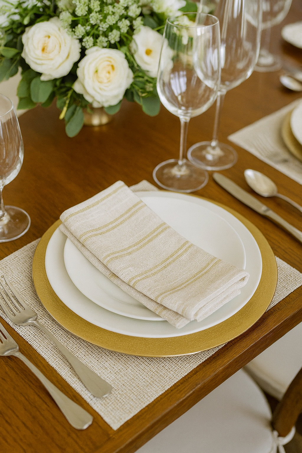 Beige Modern Striped Linen-Poly Cloth Dinner Napkin