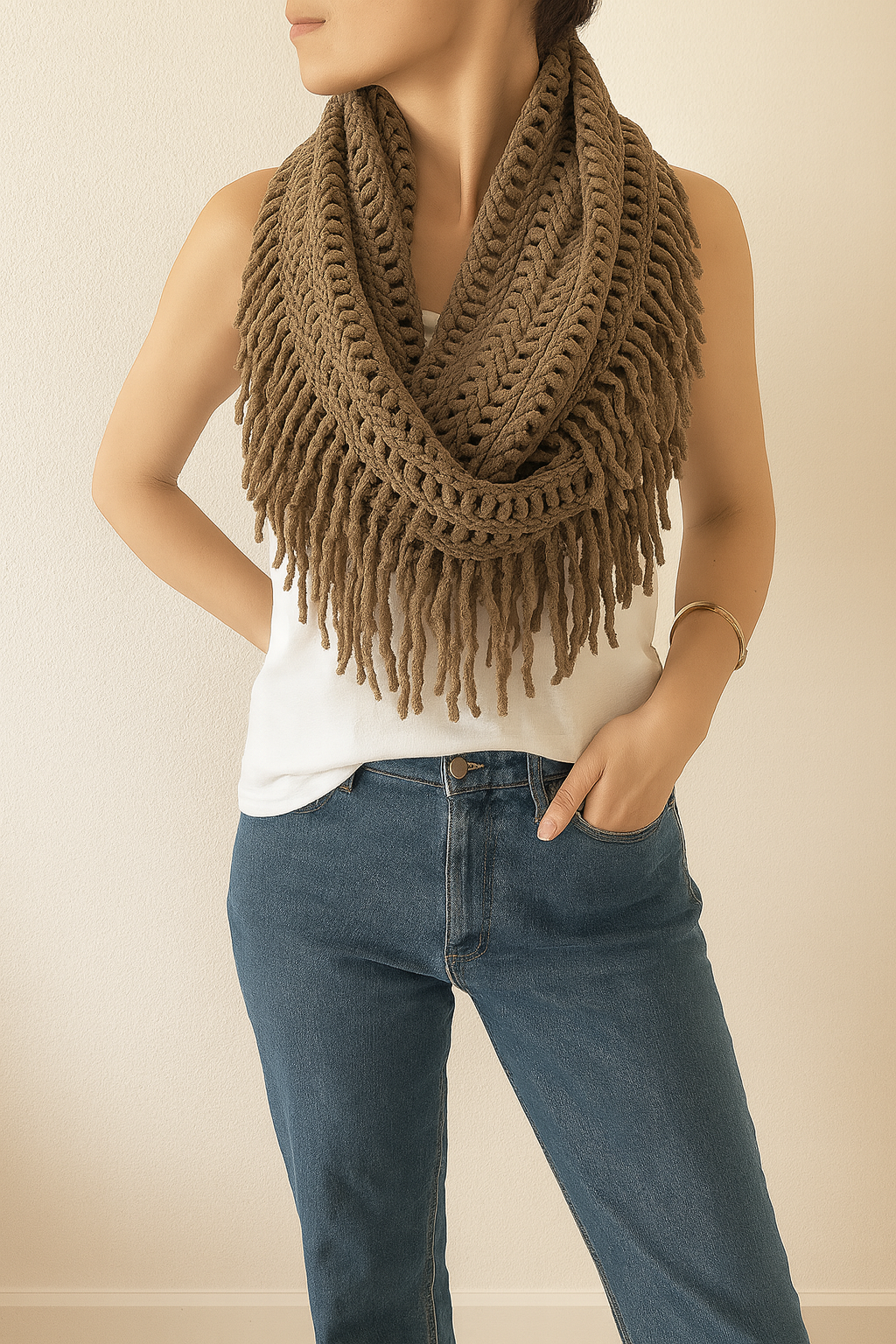 Mocha Knit Tassel Infinity Loop Scarf