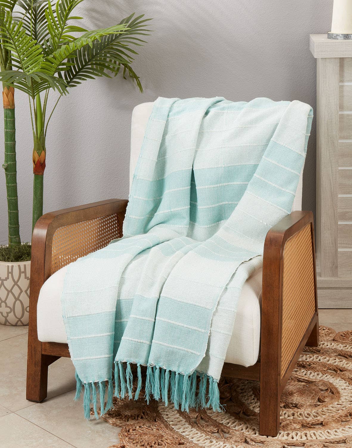 Aqua Corded Stripe Cotton Throw Blanket