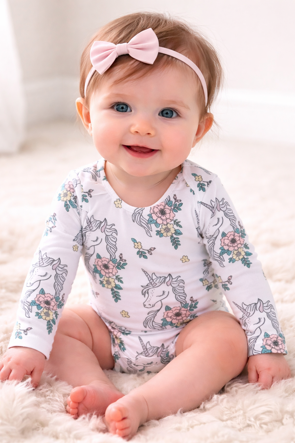 White Unicorn Print Baby Romper