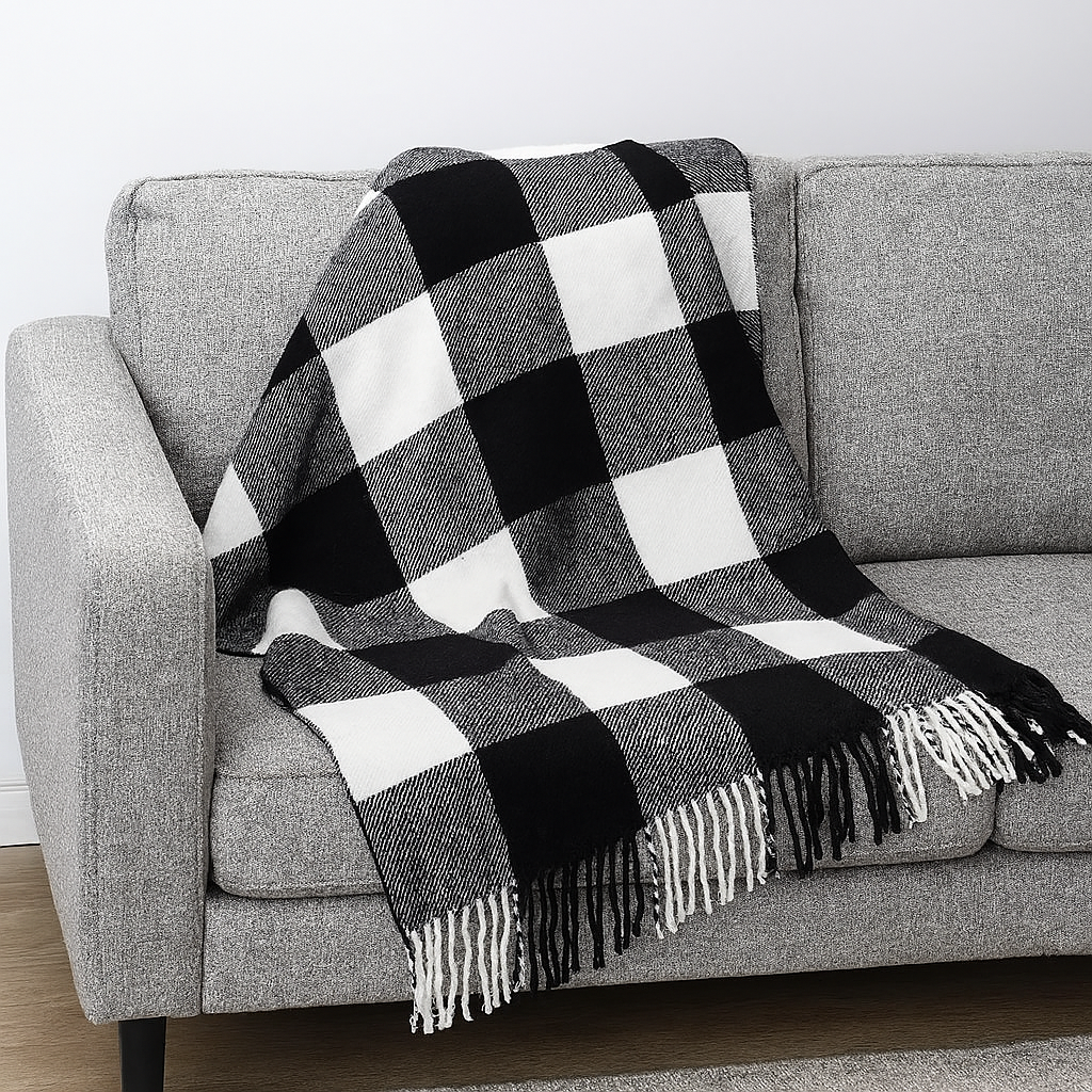 Black & White Classic Buffalo Check Fringe Throw Blanket