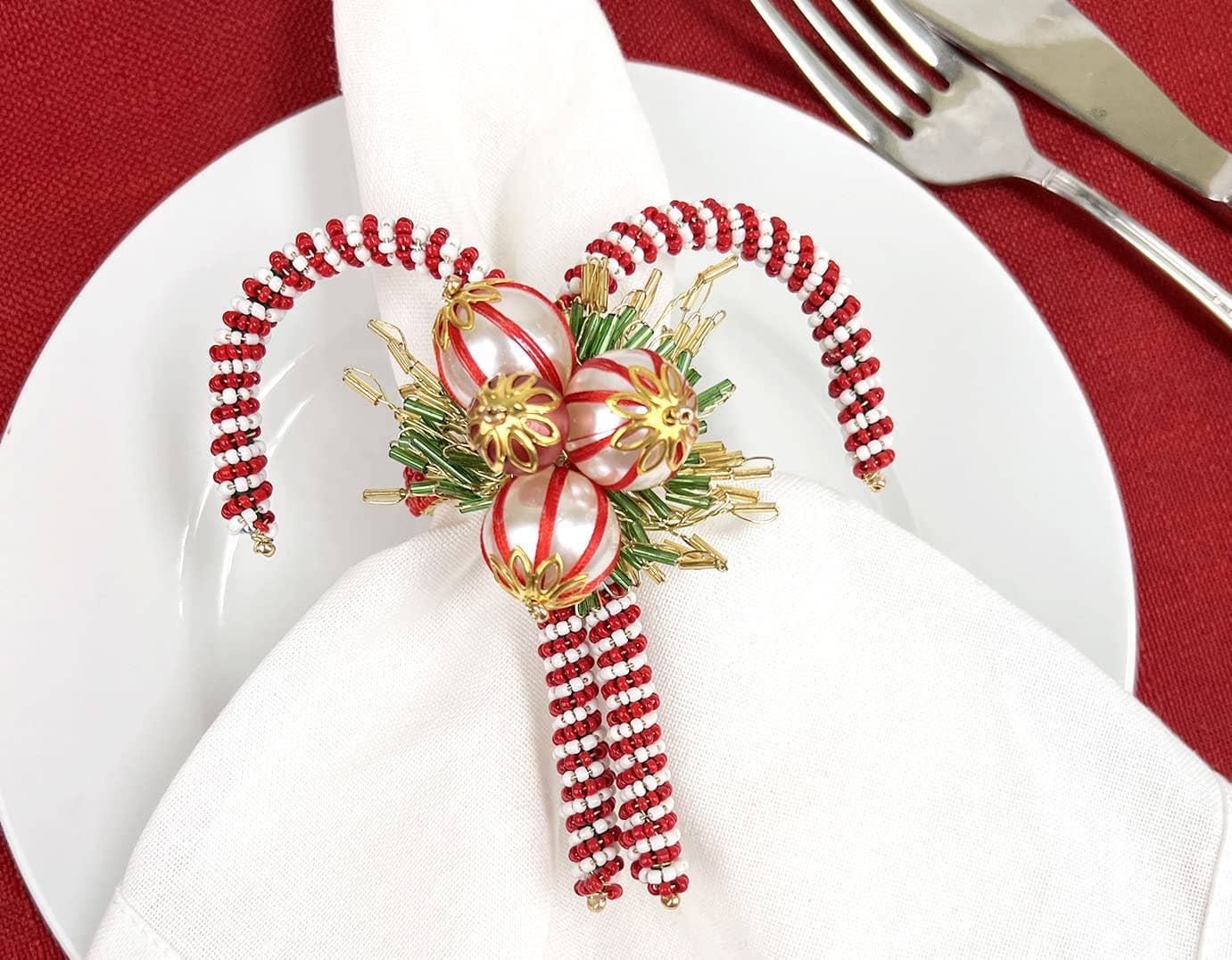 Hand-Beaded Candy Cane Holiday Napkin Ring
