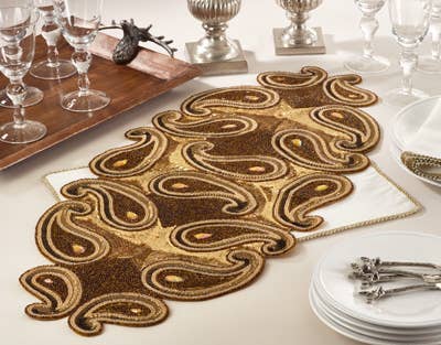 5806 - Hand-Beaded Paisley 16"X35" Gold Table Runner