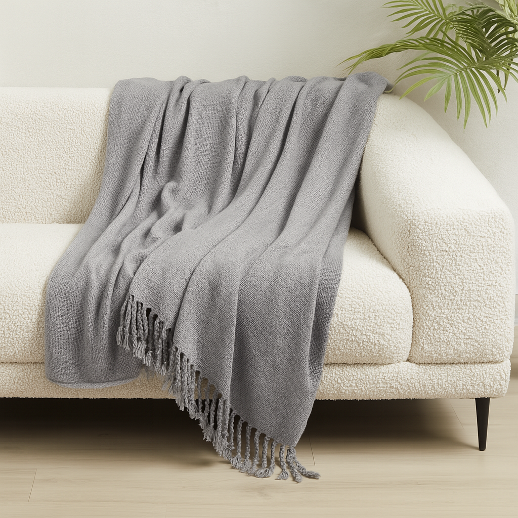 Grey Classic Woven Fringed Throw Blanket