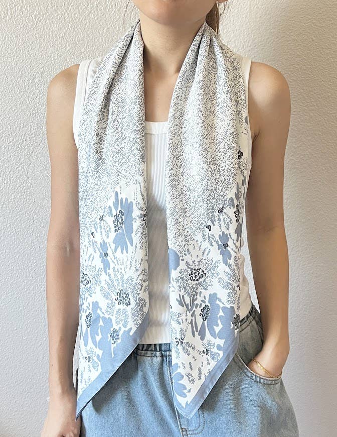 Blue Floral Silky Square Scarf