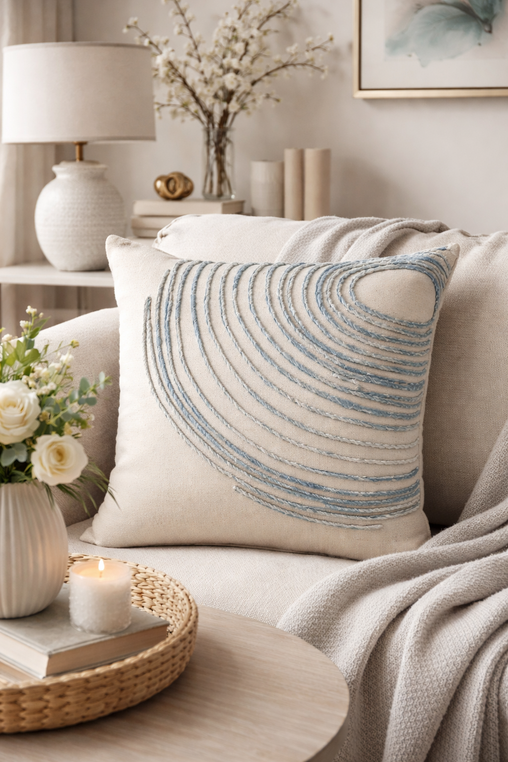 2501 - Embroidered Coastal Swirl 20" Throw Pillow